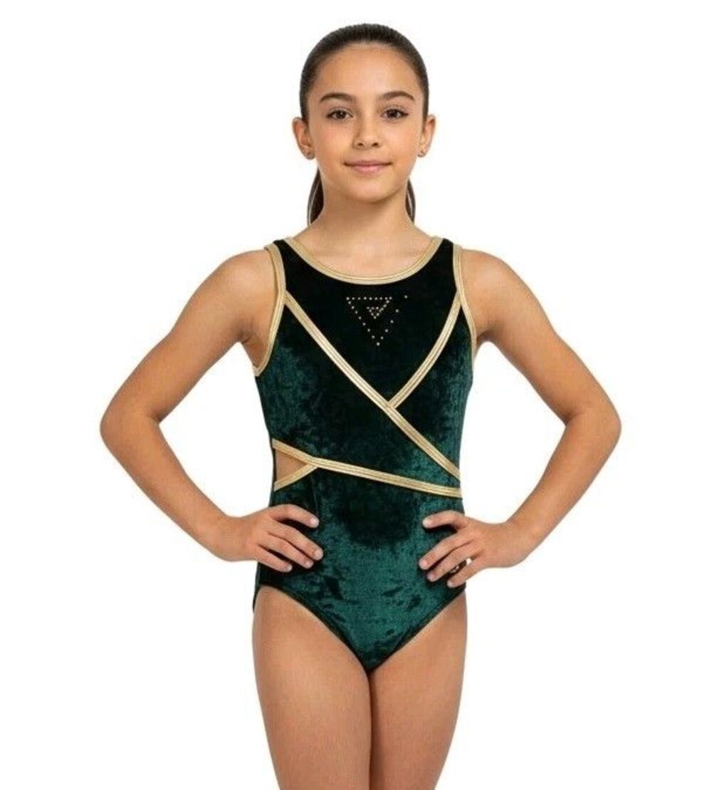 Satara Crushed Velvet Cutout Leotard Green Gold Bling Kids CS Elfcore Fairycore